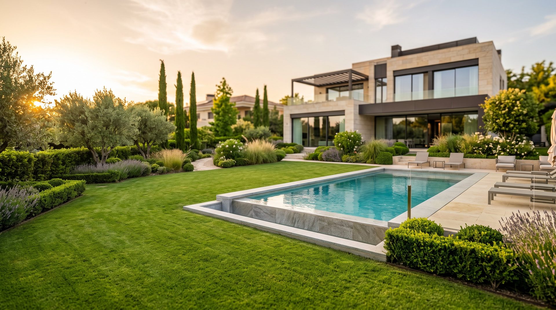 Jardín residencial premium con piscina y zonas verdes cuidadas en el noroeste de Madrid